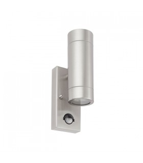 2 Light Outdoor PIR UP & Down Wall Light Marine Grade Brushed Stainless Steel, Glass IP44, GU10 - 2