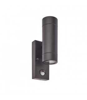 2 Light Outdoor PIR Up Down Wall Light Matt Black, Glass IP44, GU10 - 2