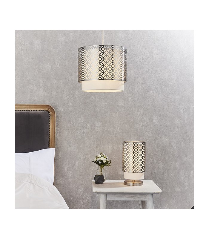 1 Light Round Ceiling Pendant Satin Nickel Plate & Vintage White Linen, E27 - 4