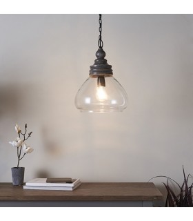 1 Light Ceiling Pendant Clear Glass & Taupe Grey Distressed Wood, E27 - 2