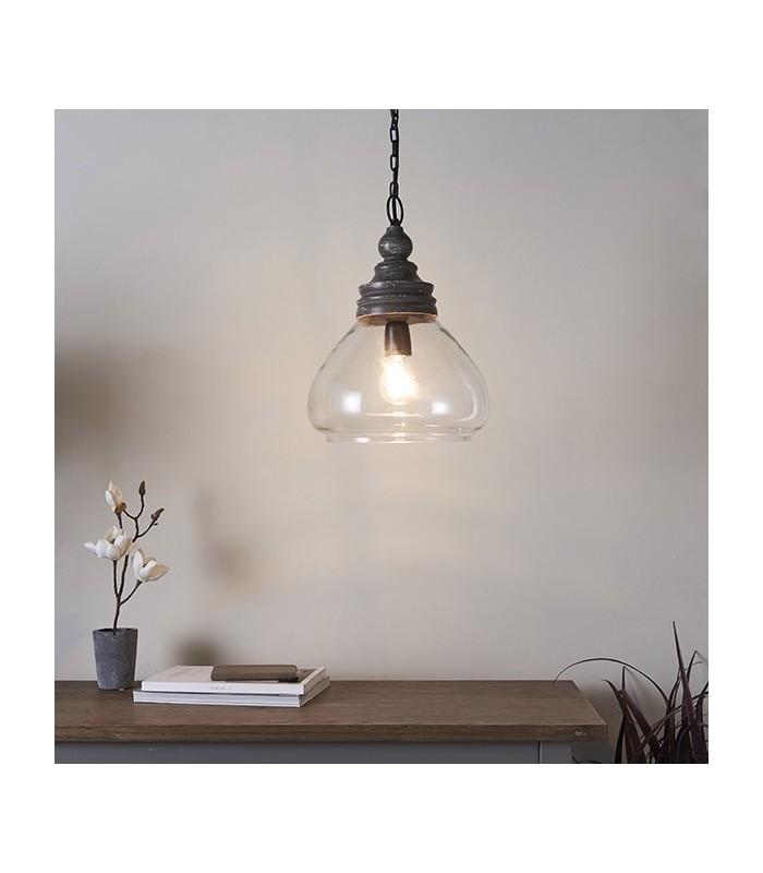 1 Light Ceiling Pendant Clear Glass & Taupe Grey Distressed Wood, E27 - 2
