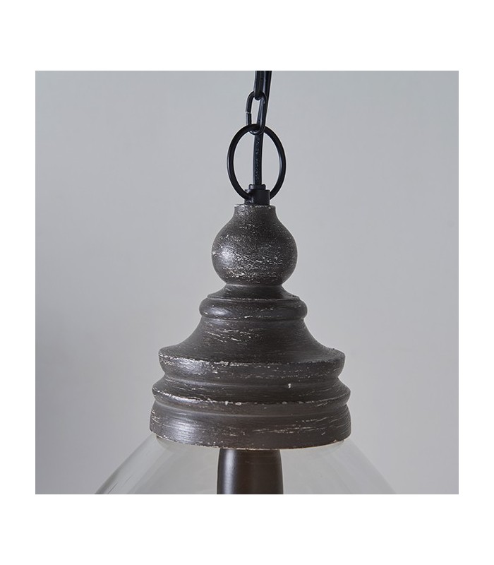 1 Light Ceiling Pendant Clear Glass & Taupe Grey Distressed Wood, E27 - 3