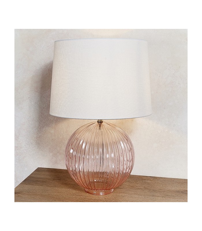 Table Lamp Dusky Pink Ribbed Glass & Vintage White Linen 1 Light IP20 - E27 - 2